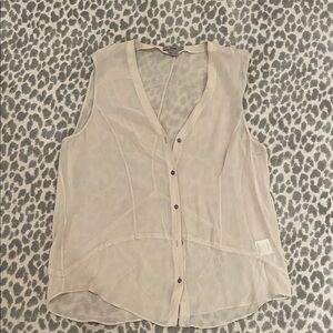 Helmut Lang Beige Sleeveless V-Neck Sheer Button Front Blouse